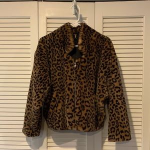 Faux fur leopard bomber jacket, Free People, size medium